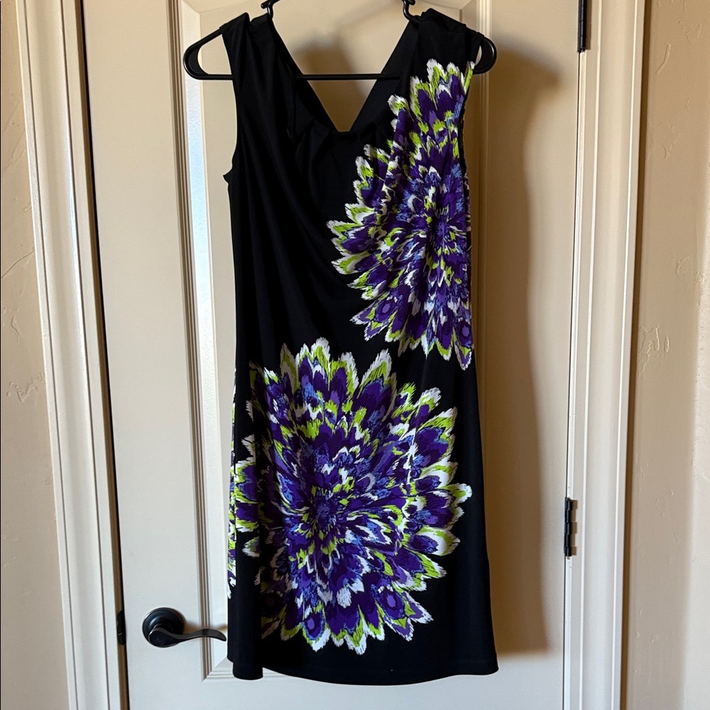 NWOT - LONDON TIMES - Black Dress with Purple and Green Floral Design